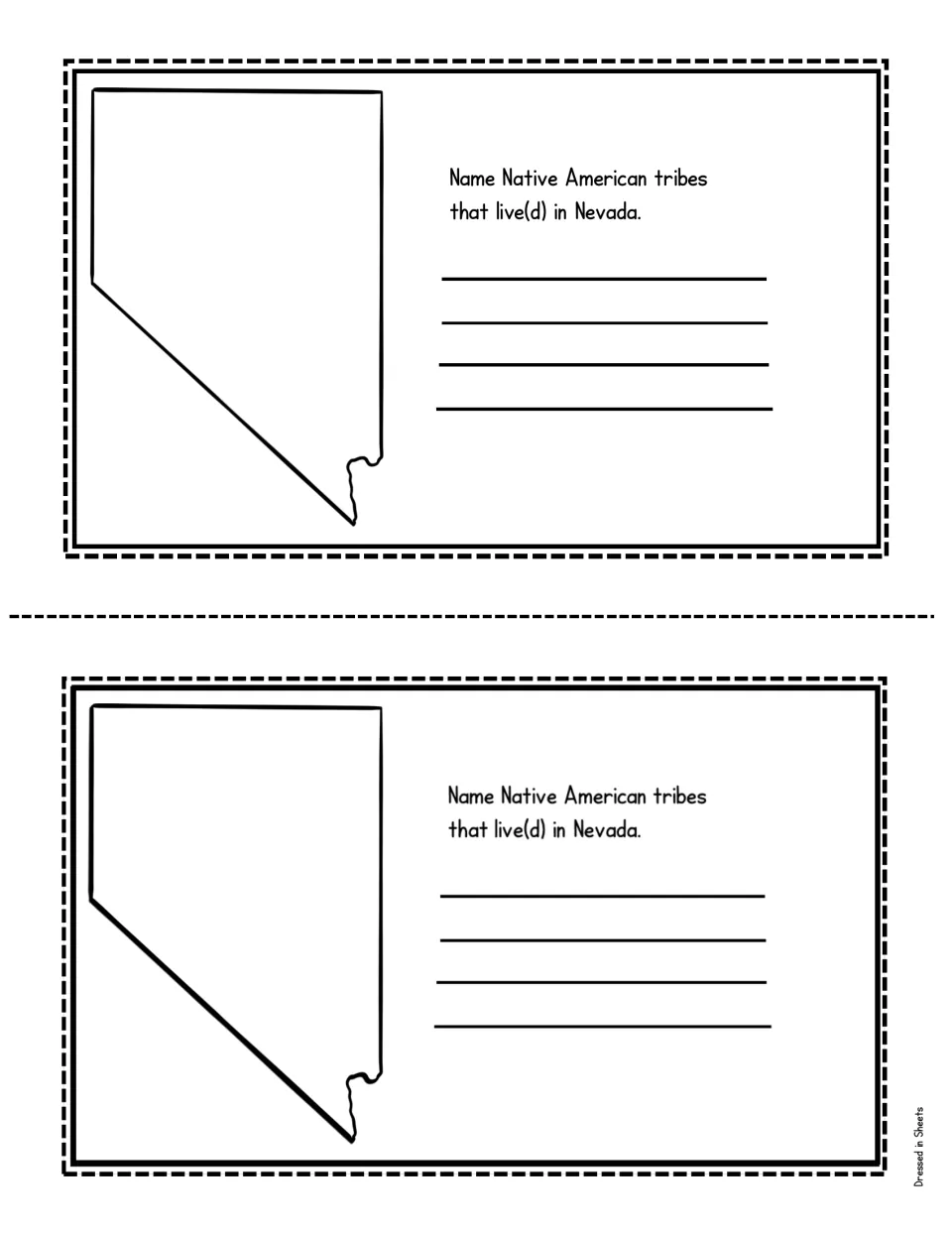 Native American tribes page: students research and list tribes that live or lived in Nevada on four writing lines