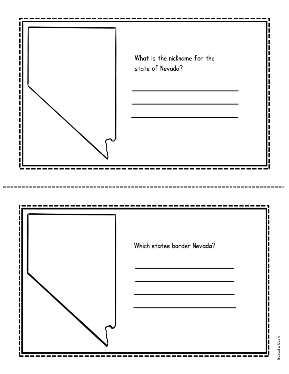 State nickname page: students find and write Nevada's nickname; a second card on this sheet asks which states border it