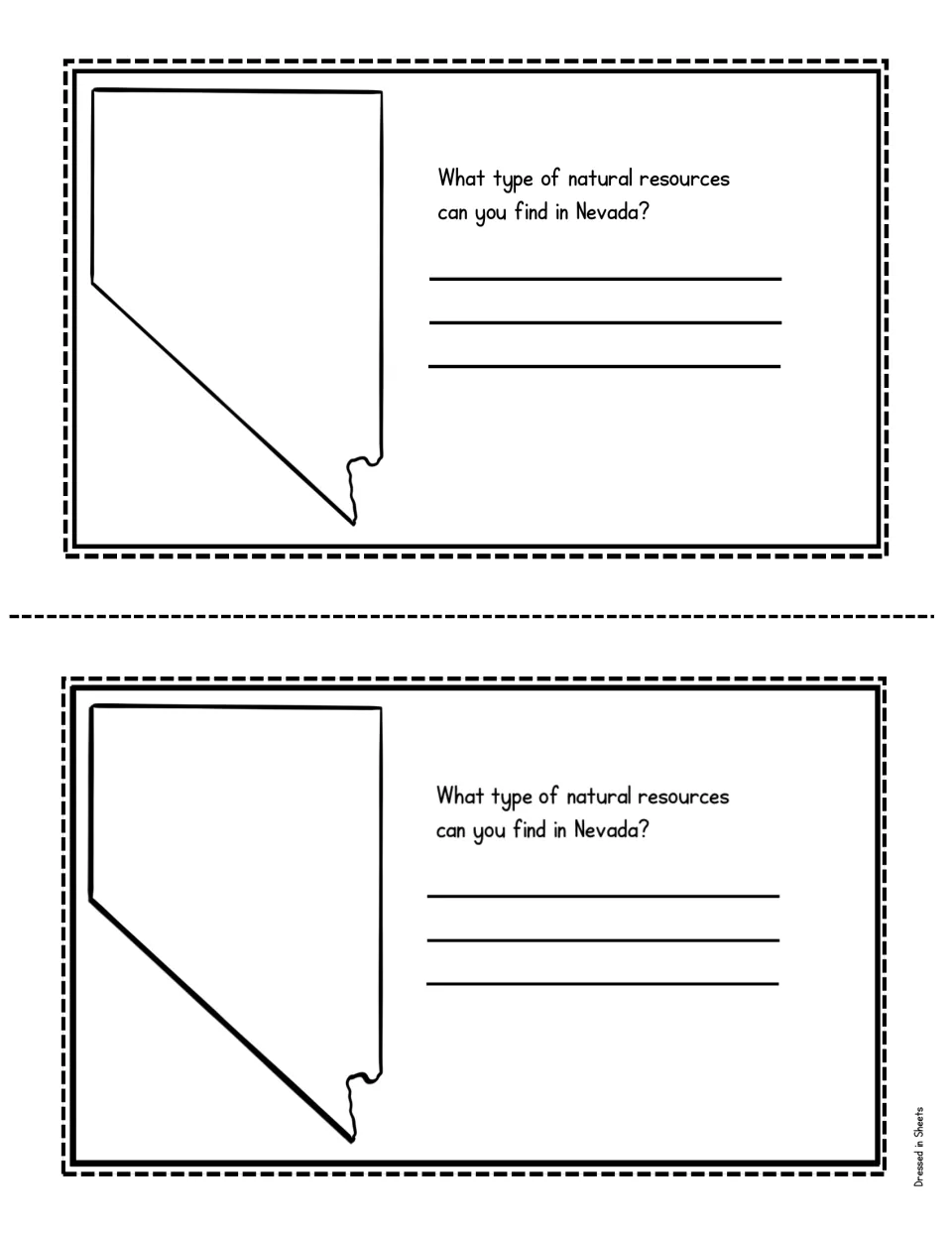 Natural resources page: students research what types of natural resources can be found in Nevada and write them down