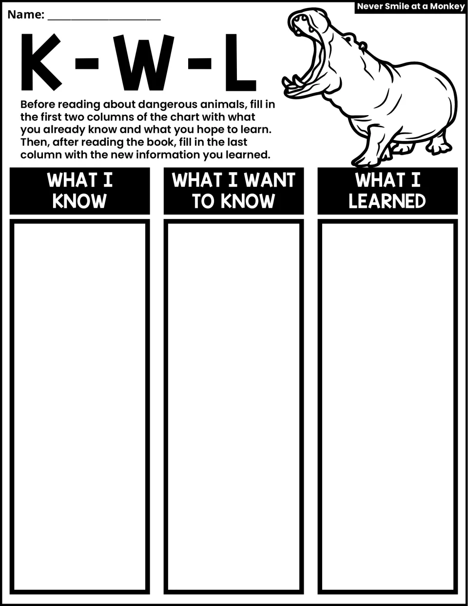 K-W-L chart on dangerous animals: students list what they know and want to know before reading, then what they learned after