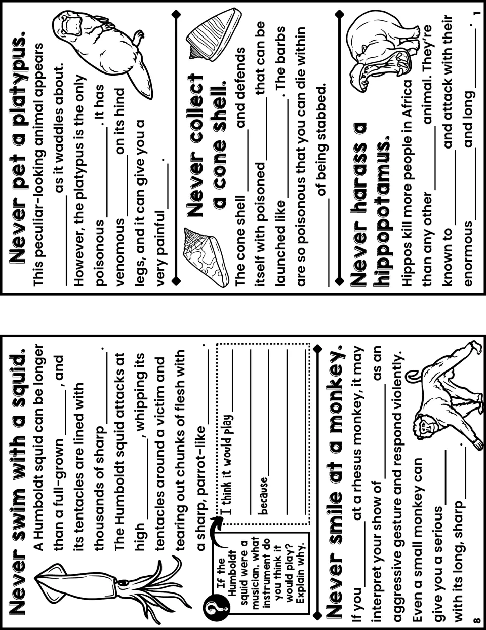 Dangerous animal notes, pages 8 and 1: students fill in facts on the squid, monkey, platypus, cone shell and hippo