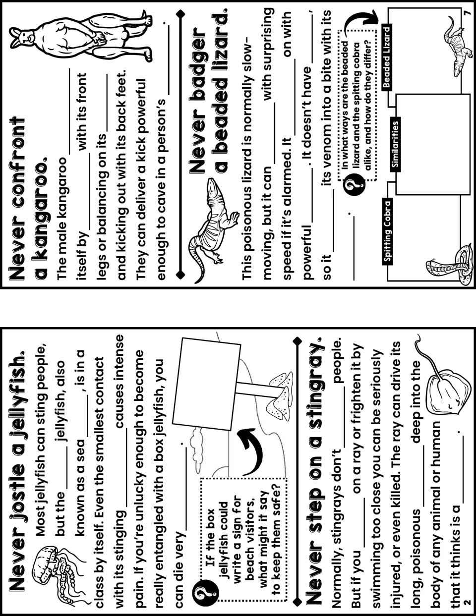 Dangerous animal notes, pages 2 and 7: blanks on jellyfish, stingray, kangaroo and beaded lizard, plus a compare chart
