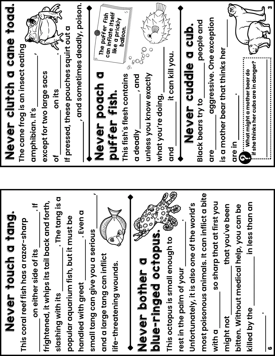 Dangerous animal notes, pages 6 and 3: blanks on the tang, blue-ringed octopus, cane toad, puffer fish and black bear