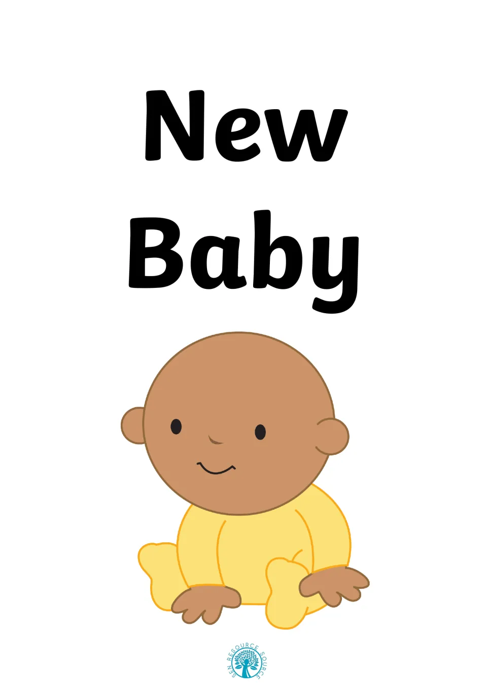 Cover of a New Baby social story: the title in large letters above a smiling cartoon infant in a yellow sleepsuit