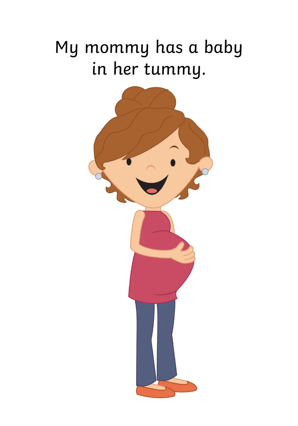 Pregnancy news: My mommy has a baby in her tummy, shown with a smiling woman holding her rounded belly