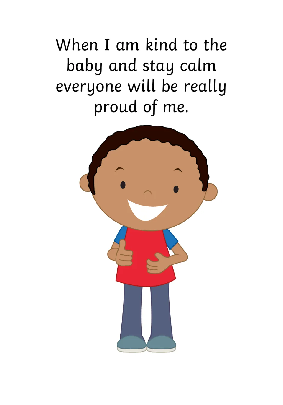 Praise page: when I am kind to the baby and stay calm, everyone will be really proud of me, with a boy giving thumbs-up