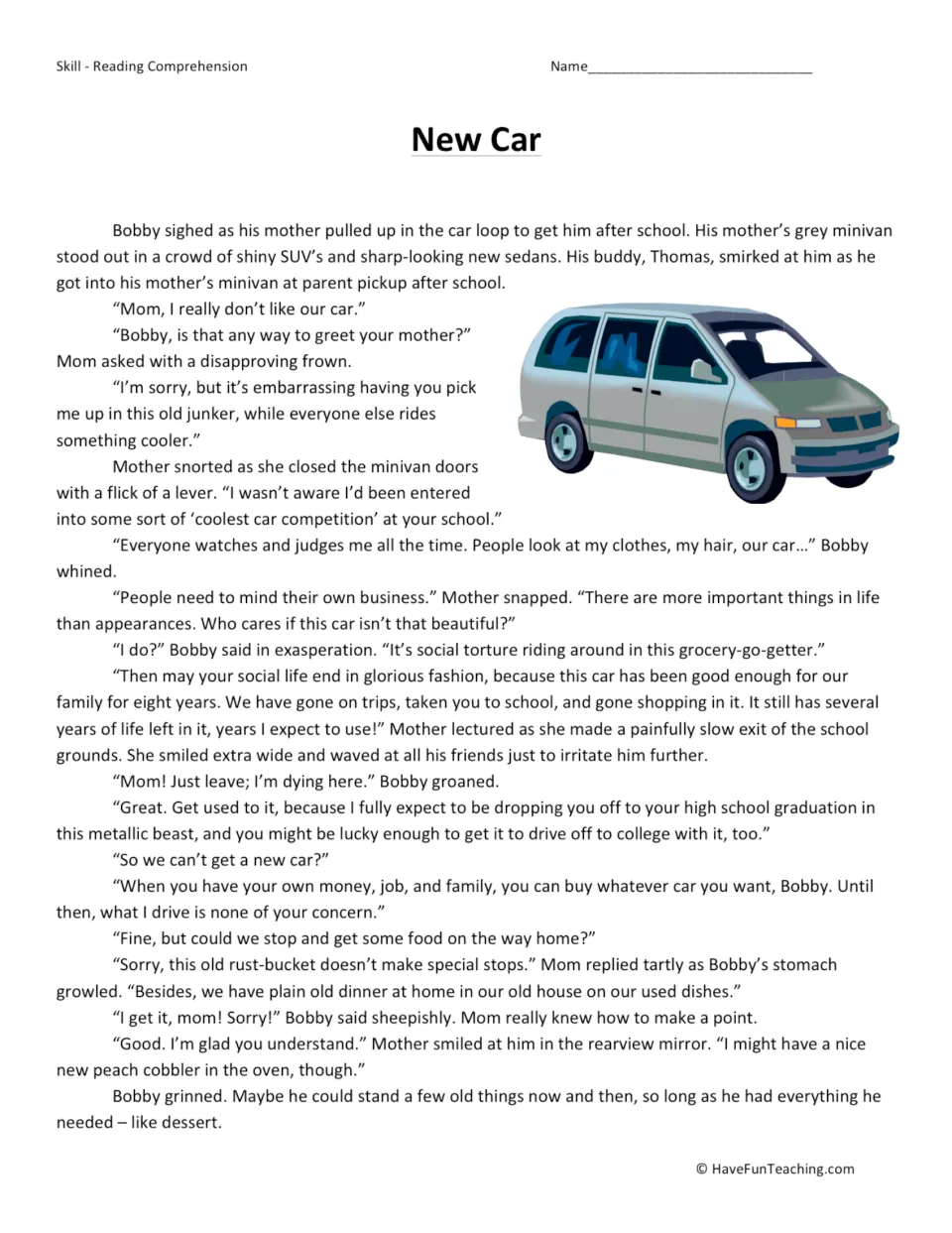 New Car story: students read how Bobby, embarrassed by his mom's old minivan, learns appearances matter less