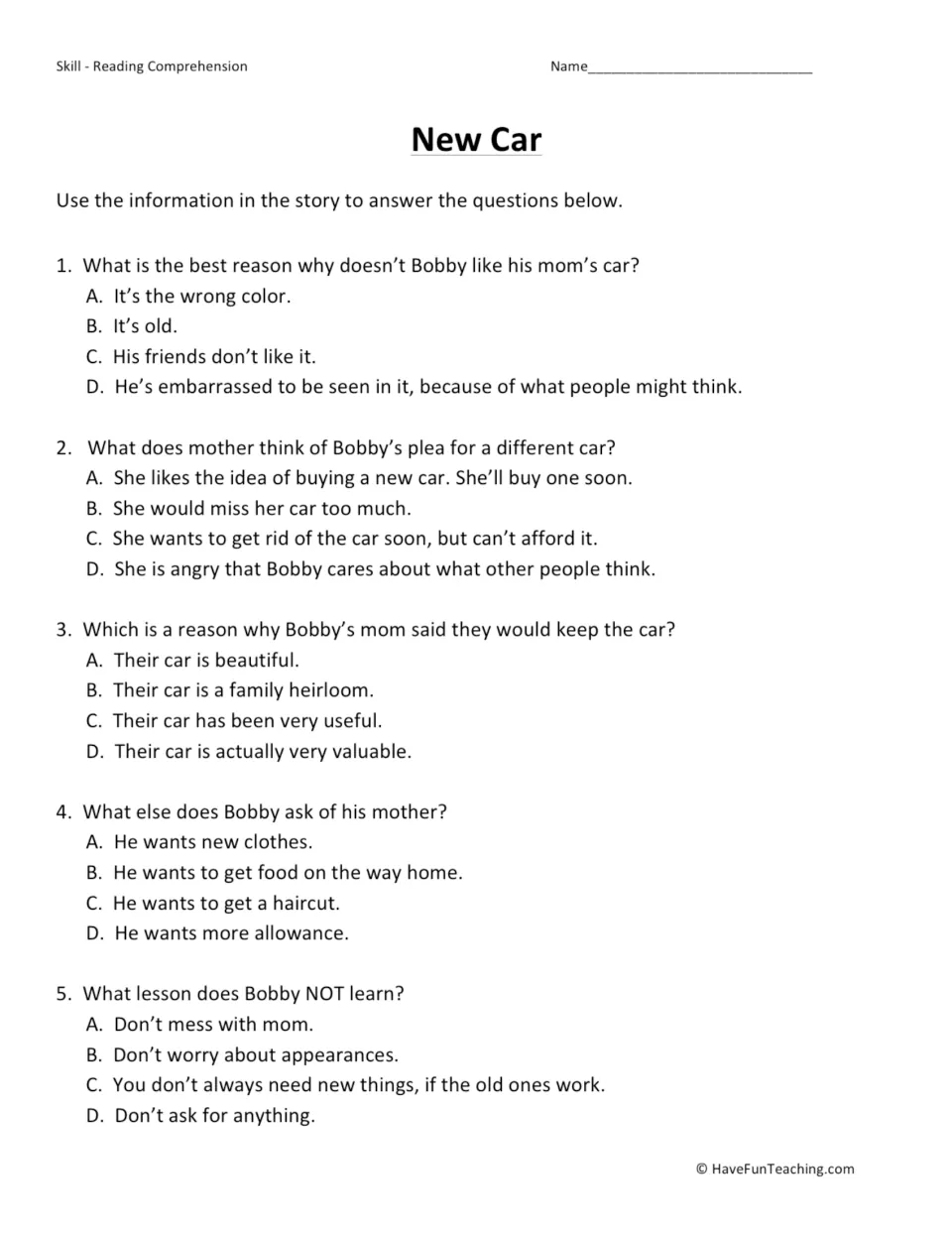 New Car questions: students answer 5 multiple-choice items on Bobby's reasons, his mom's reply and the story's lesson