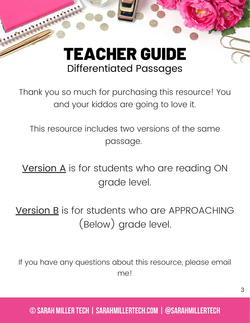 Teacher guide explains Version A for on-grade-level readers and Version B for readers below grade level.