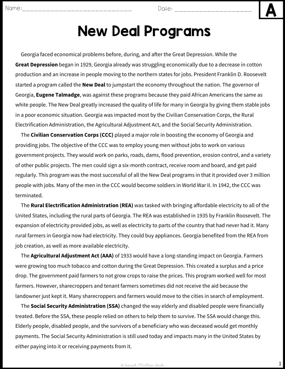Version A passage explains Georgia's economy and the New Deal's CCC, REA, AAA, and Social Security programs.
