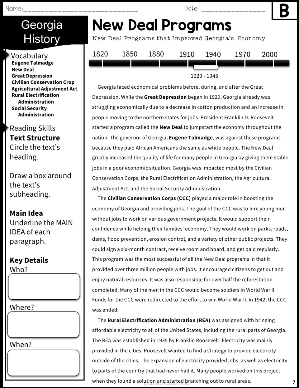 Version B passage begins with Georgia's economy, the CCC, and rural electricity, plus reading skill prompts.