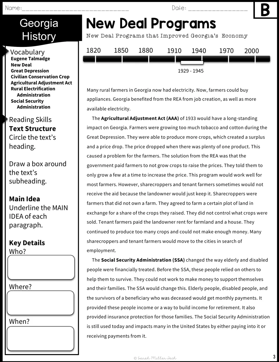 Version B passage continues with rural electricity, farm aid, sharecroppers, and Social Security payments.