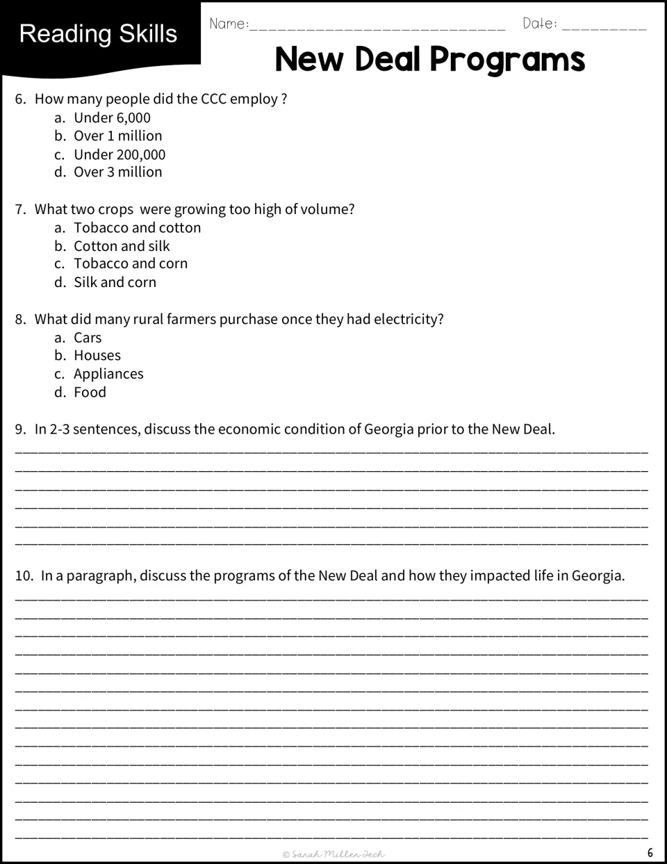Questions 6–10 cover CCC employment, crops, appliances, and written responses about Georgia and the New Deal.