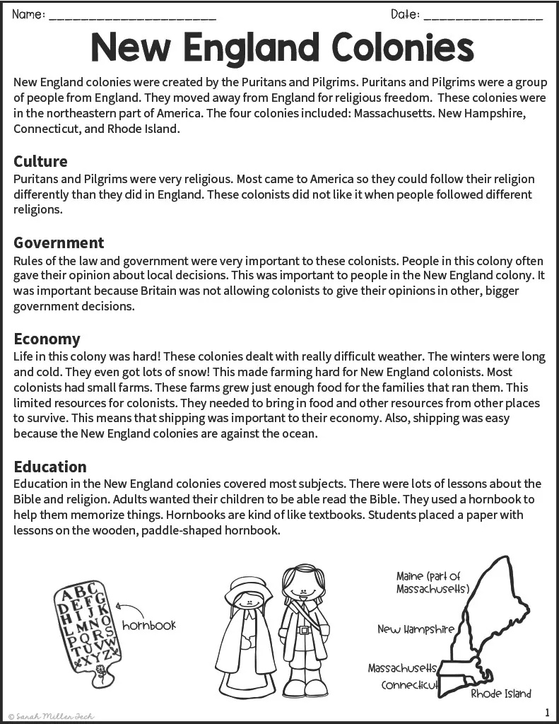 New England Colonies – Reading Comprehension Packet – cover
