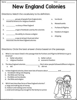 New England Colonies – Reading Comprehension Packet – sample page 2