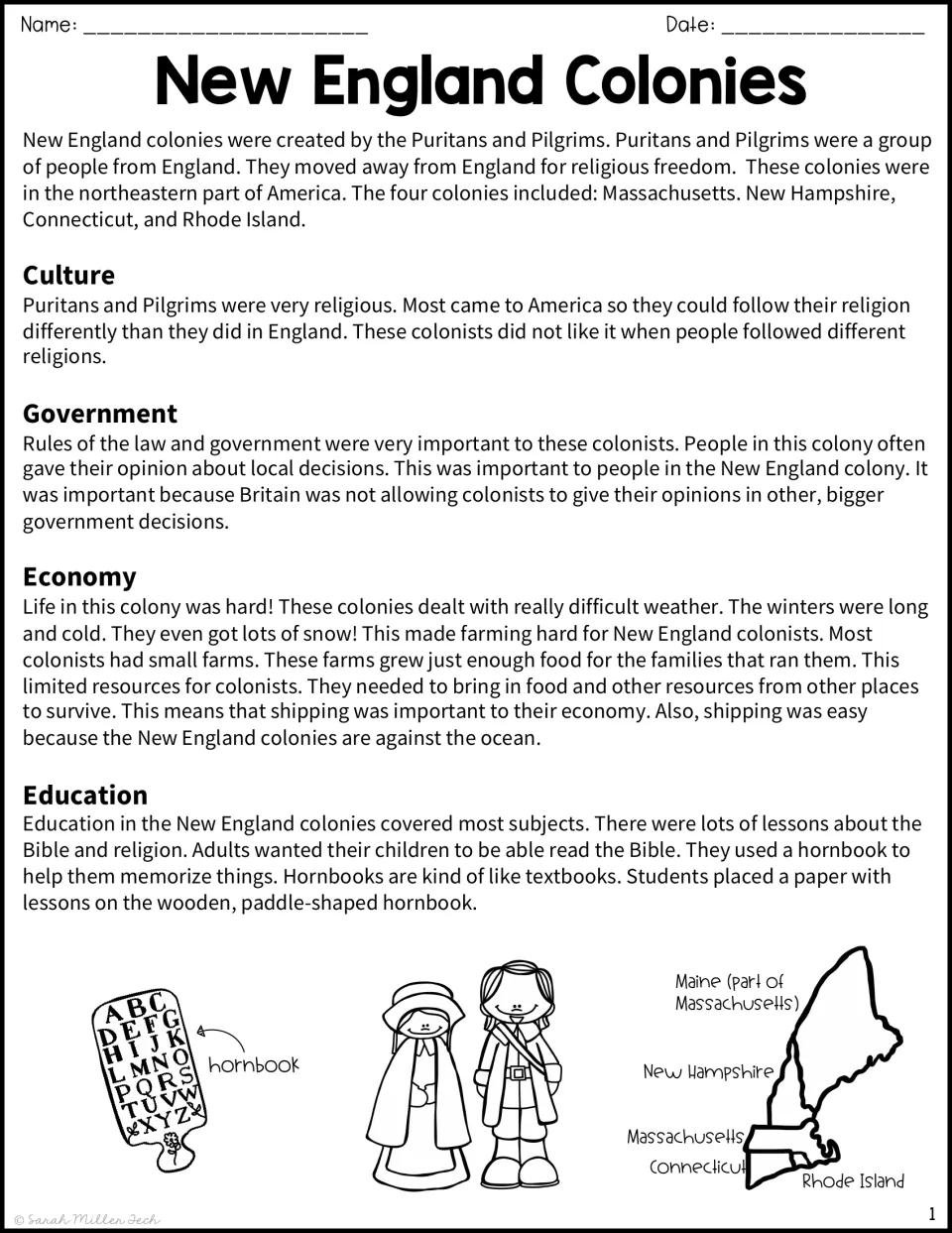 New England Colonies reading passage on culture, government, economy and education, with a hornbook and colony map