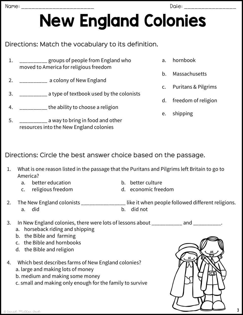 Colonial vocabulary matching of five terms like hornbook and shipping, then four multiple-choice passage questions