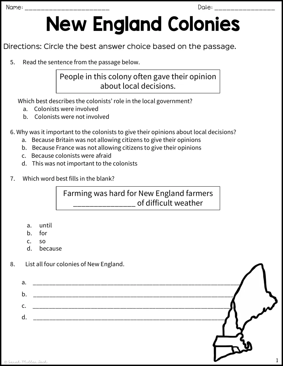 Passage questions 5 to 8: colonists' role in local government, a fill-in-the-blank word choice and listing the four colonies