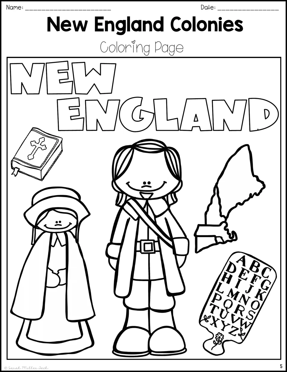 Coloring page showing a Pilgrim couple, a Bible, a hornbook, a New England map and bubble letters spelling NEW ENGLAND