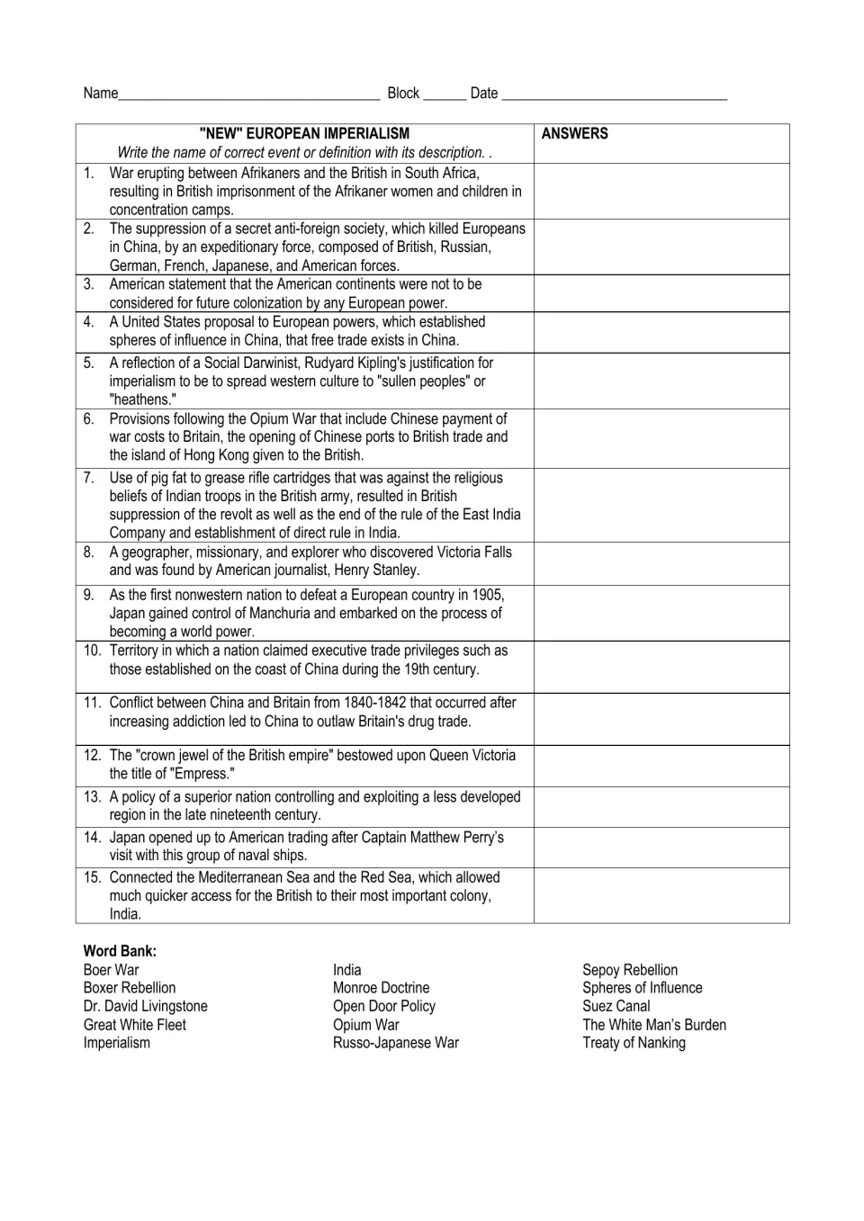 European imperialism practice: 15 descriptions to match to a word bank, including Boer War and Opium War.