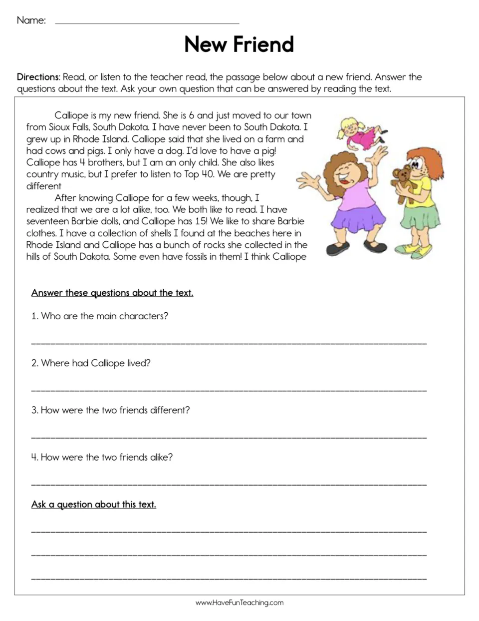 Reading passage about Calliope and the narrator, with four comprehension questions and a write-your-own question.