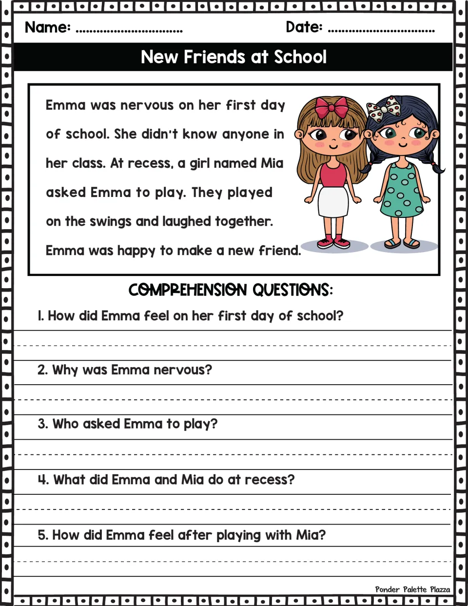 New Friends at School story: students read about Emma meeting Mia at recess and write answers to 5 comprehension questions