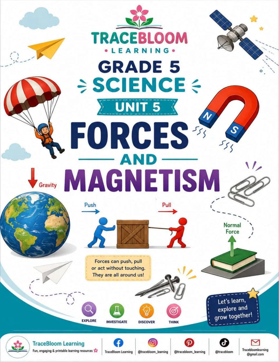 Grade 5 science workbook cover for Unit 5, Forces and Magnetism, showing push, pull, gravity, and normal force