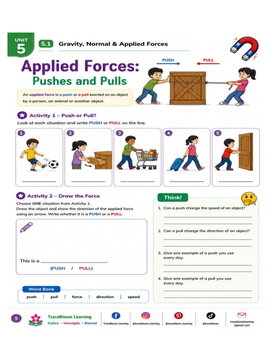 Applied forces practice includes five push-or-pull situations, a force-arrow drawing, and everyday examples