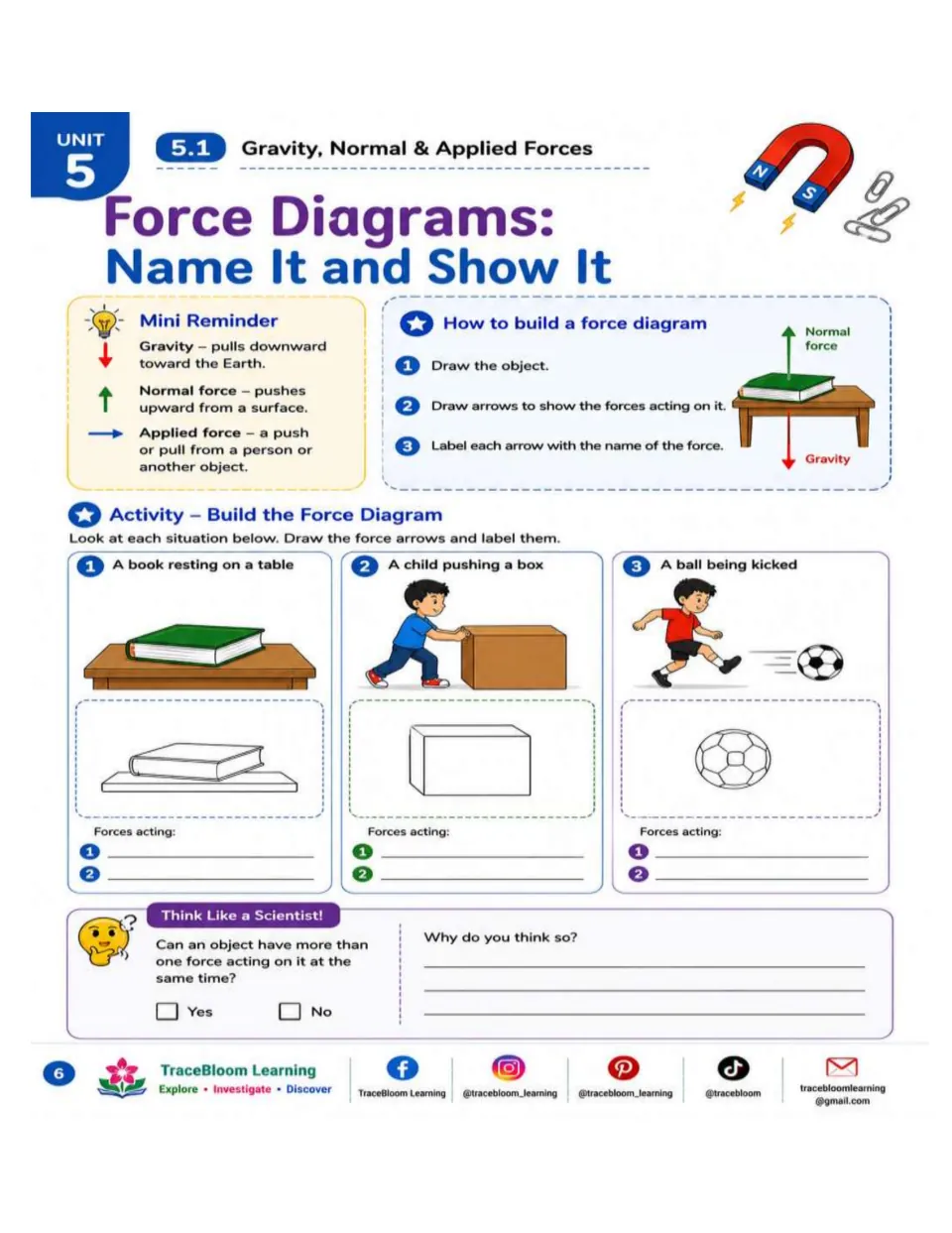 Force diagram practice asks students to label arrows for a resting book, a child pushing a box, and a kicked ball