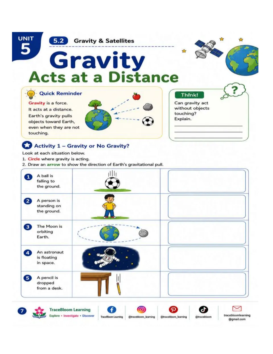 Gravity at a distance practice uses a falling ball, standing person, orbiting Moon, astronaut, and dropped pencil