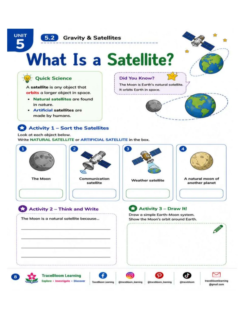 Satellite practice asks students to classify four natural or artificial satellites and draw the Earth–Moon system