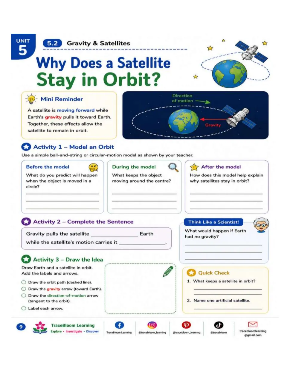 Satellite orbit activities include a circular-motion model, sentence completion, and gravity and motion arrows
