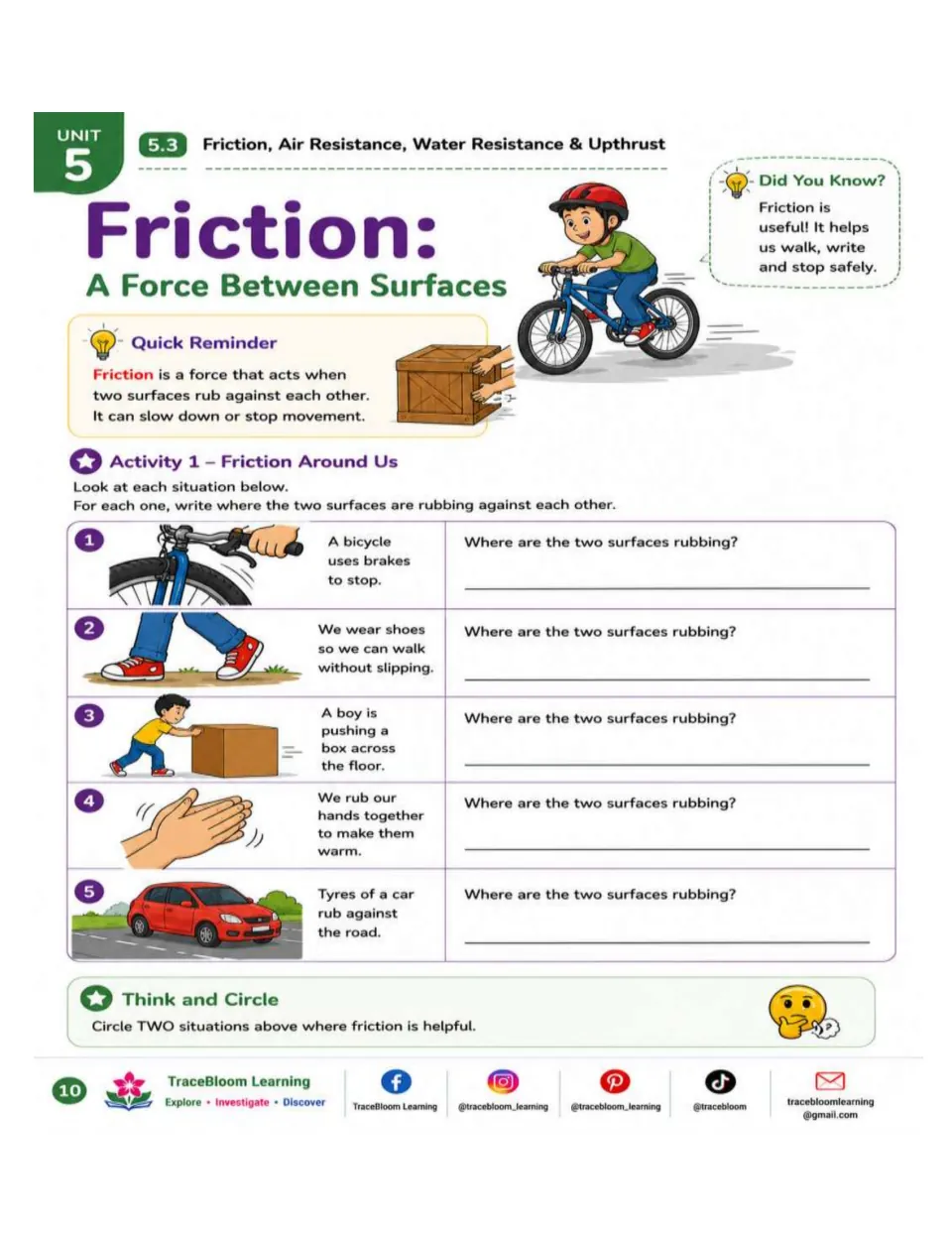 Friction practice asks students to identify rubbing surfaces in five situations and circle two helpful examples