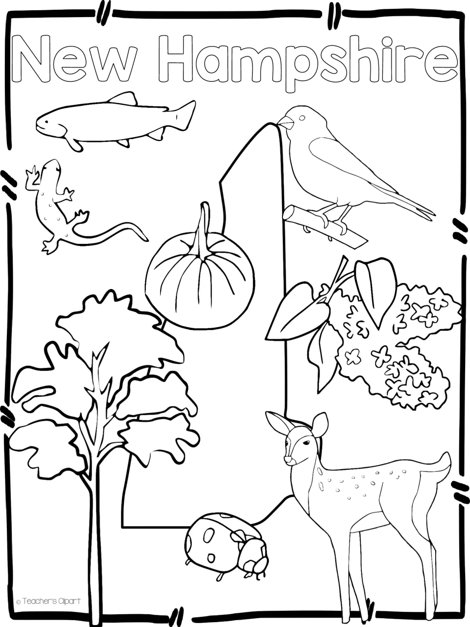 New Hampshire coloring page: state outline ringed by a fish, salamander, bird, pumpkin, lilac, tree, ladybug and deer