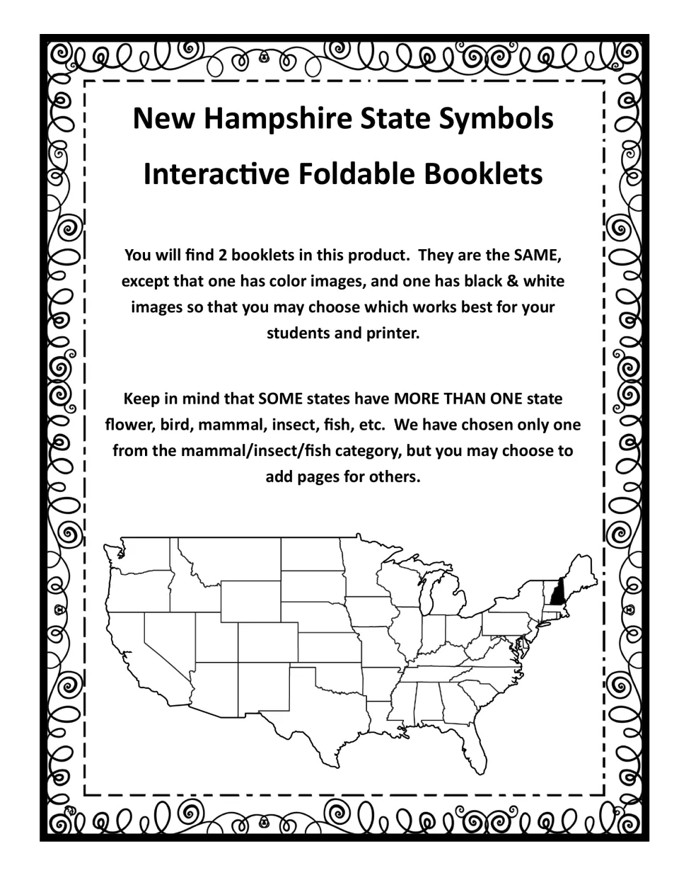 Booklet introduction explains the matching color and black-and-white versions and selection of state symbols