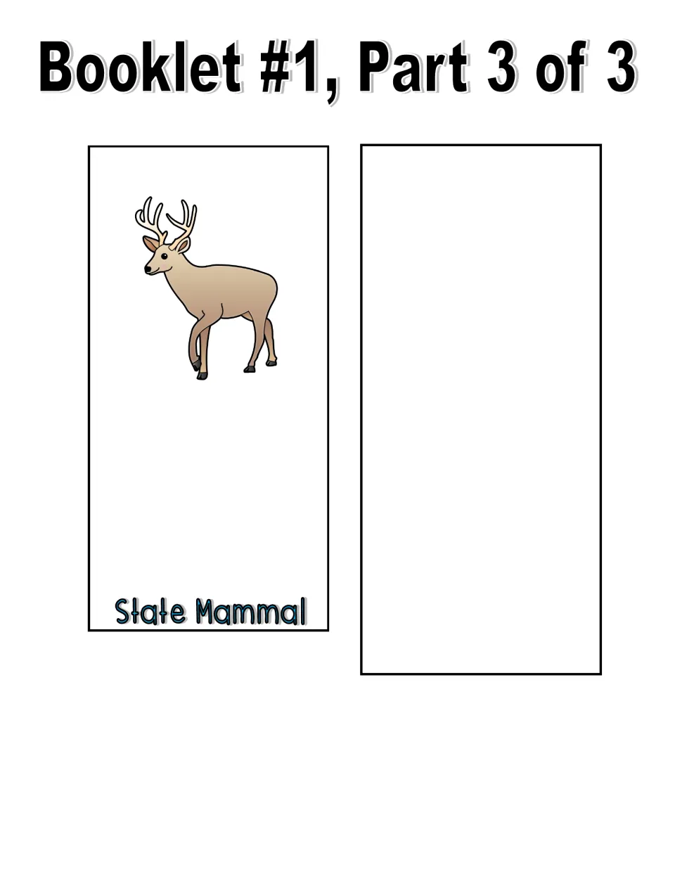 Color booklet, part 3 of 3: state mammal page illustrated with a deer and a blank extra symbol page