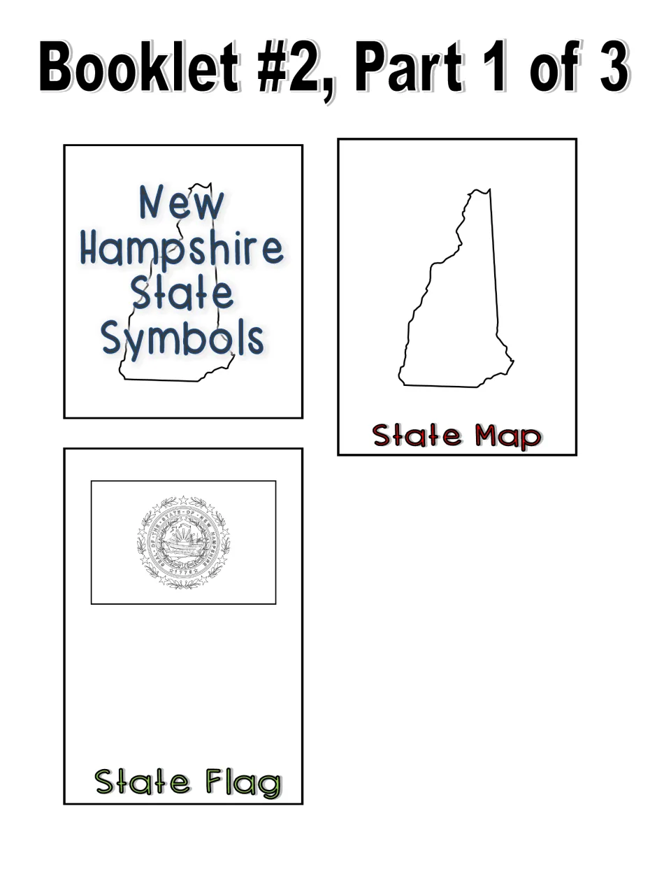 Booklet 2, part 1 of 3: title, state map, and state flag pages with black-and-white pictures