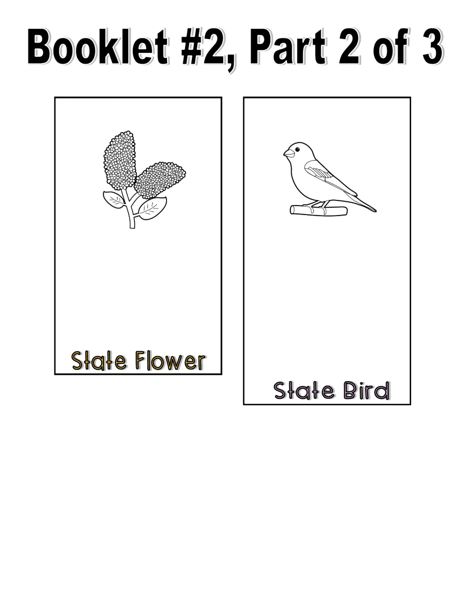 Booklet 2, part 2 of 3: state flower and state bird pages with black-and-white lilac and finch pictures