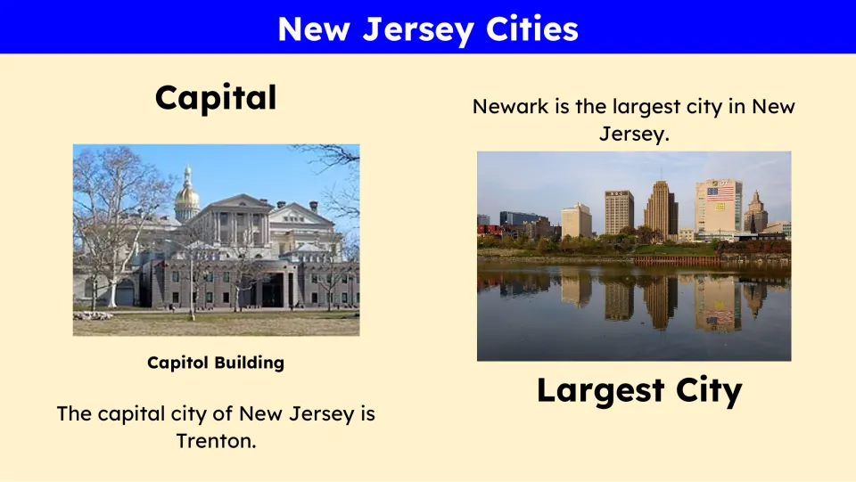 Cities slide identifies Trenton as New Jersey's capital and Newark as its largest city, with photos