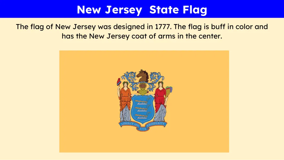 State flag slide shows New Jersey's buff-colored flag and describes the coat of arms in its center