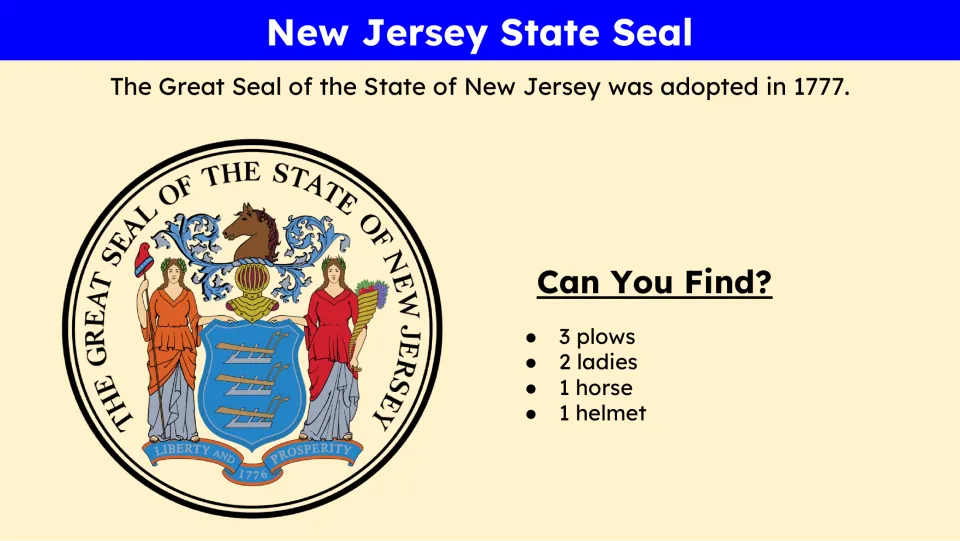 State seal slide asks students to find three plows, two ladies, one horse, and one helmet in the seal