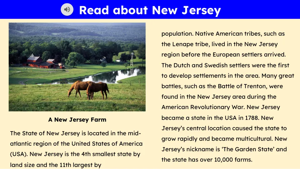 Reading passage covers New Jersey's location, Lenape people, settlers, Revolutionary War, and farming