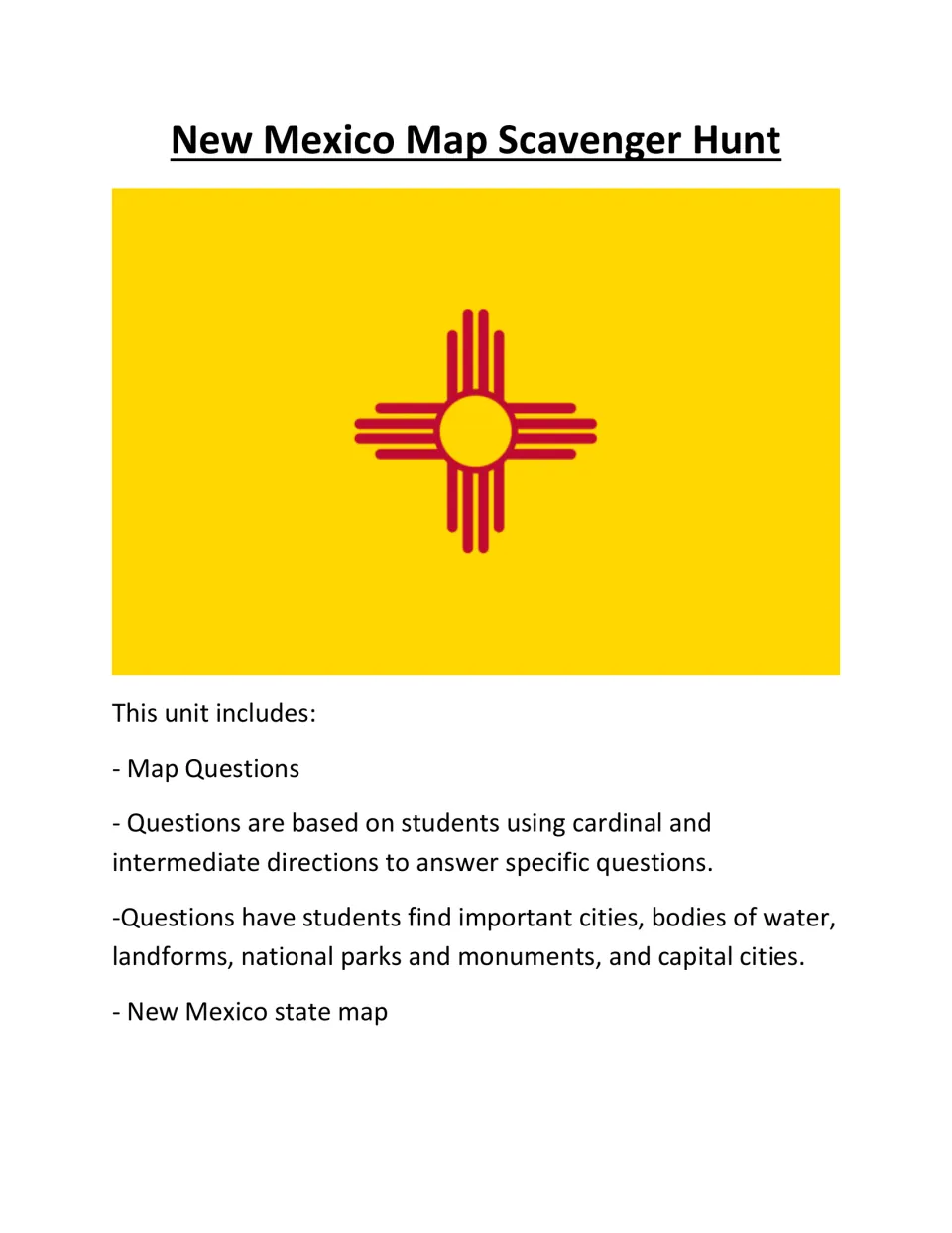 New Mexico Map Scavenger Hunt cover with the state flag, listing map questions on directions and a New Mexico state map