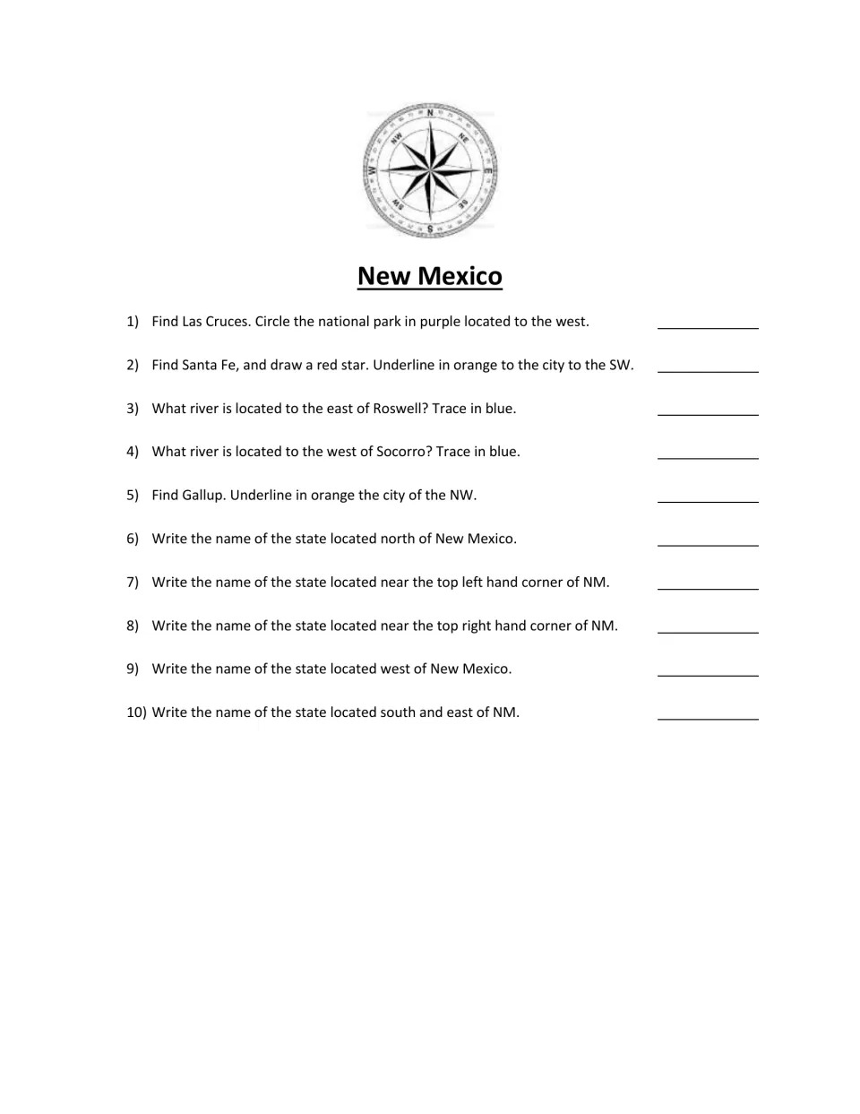 Cardinal and intermediate directions: 10 questions have students find NM cities, trace rivers and name bordering states