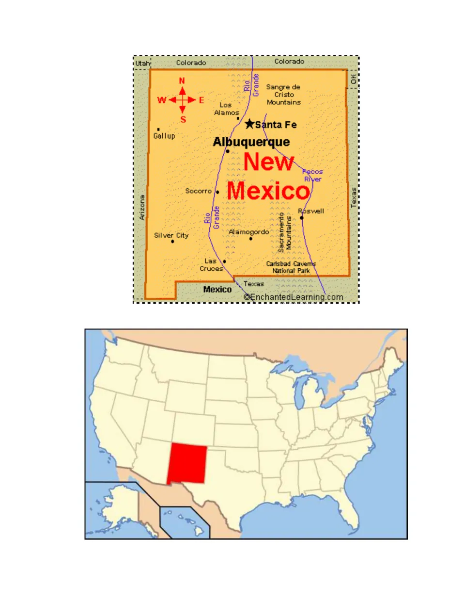Map of New Mexico labeling cities, Rio Grande, Pecos River and mountains, above a US map with the state shaded red