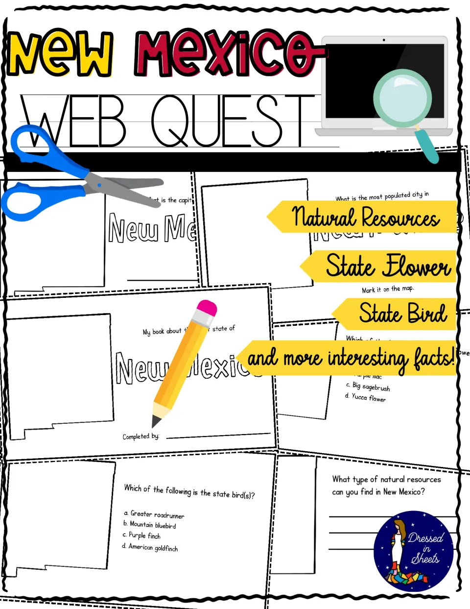 New Mexico Web Quest cover showing sample booklet pages on natural resources, state flower, state bird and more facts