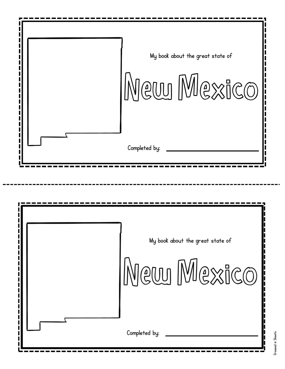 Booklet title page, two copies: 'My book about the great state of New Mexico' with a state outline and a Completed by line