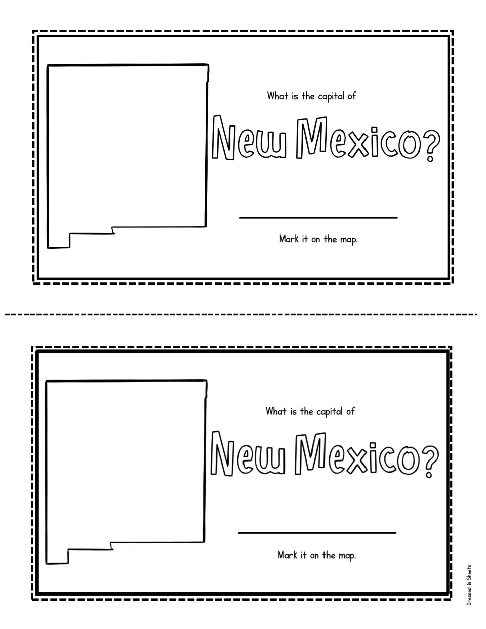 State capital question: students look up the capital of New Mexico, write its name and mark its location on the map