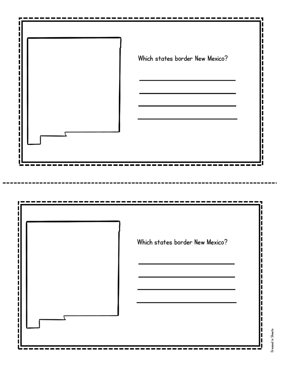 Bordering states question: students identify which states border New Mexico and write them beside the state outline