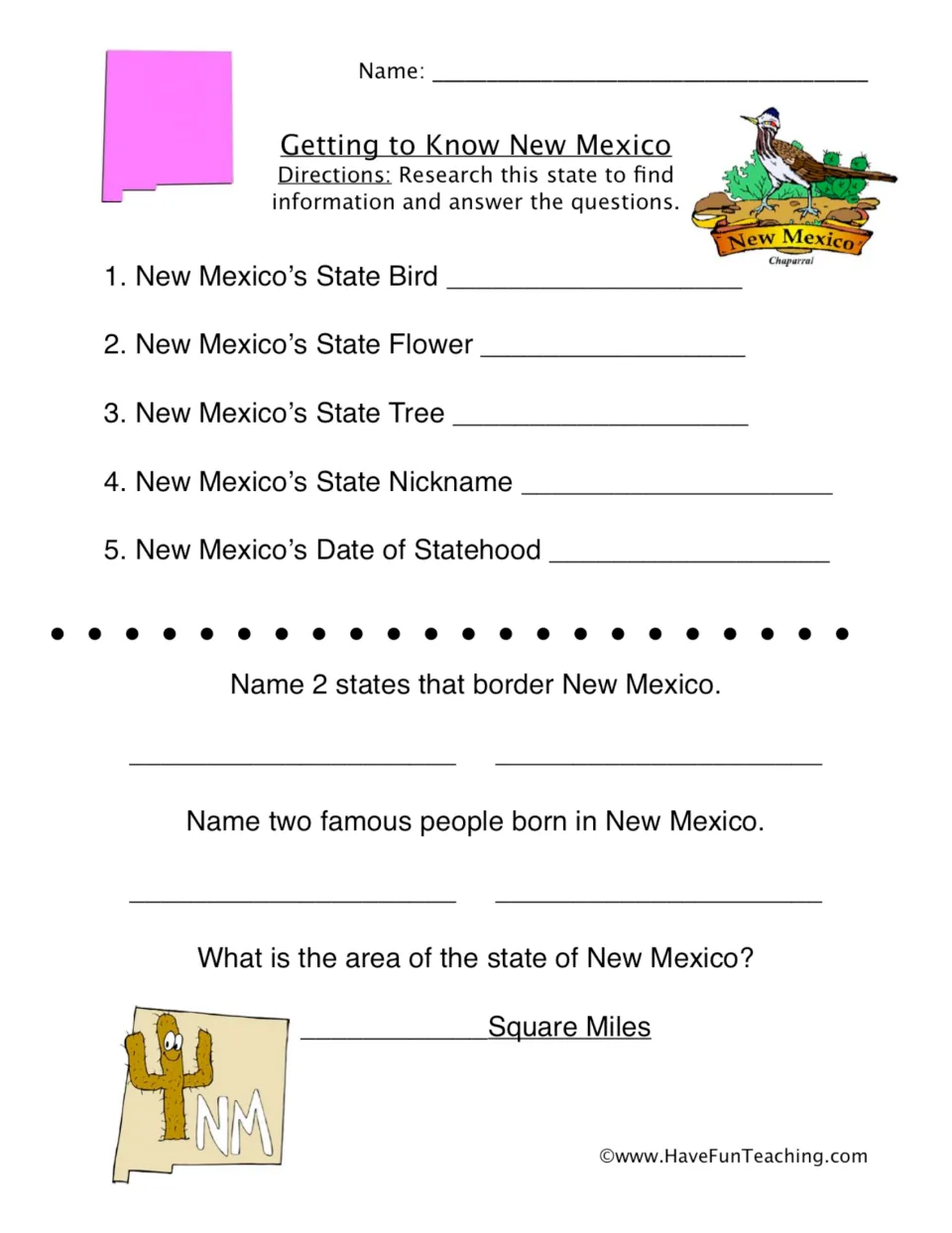 Getting to Know New Mexico: students research the state bird, flower, tree, nickname, statehood date, borders and area